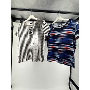 Lot of 2 Rafella Short Sleeve Tops Striped Bee & Blue Abstract Grommet Neck